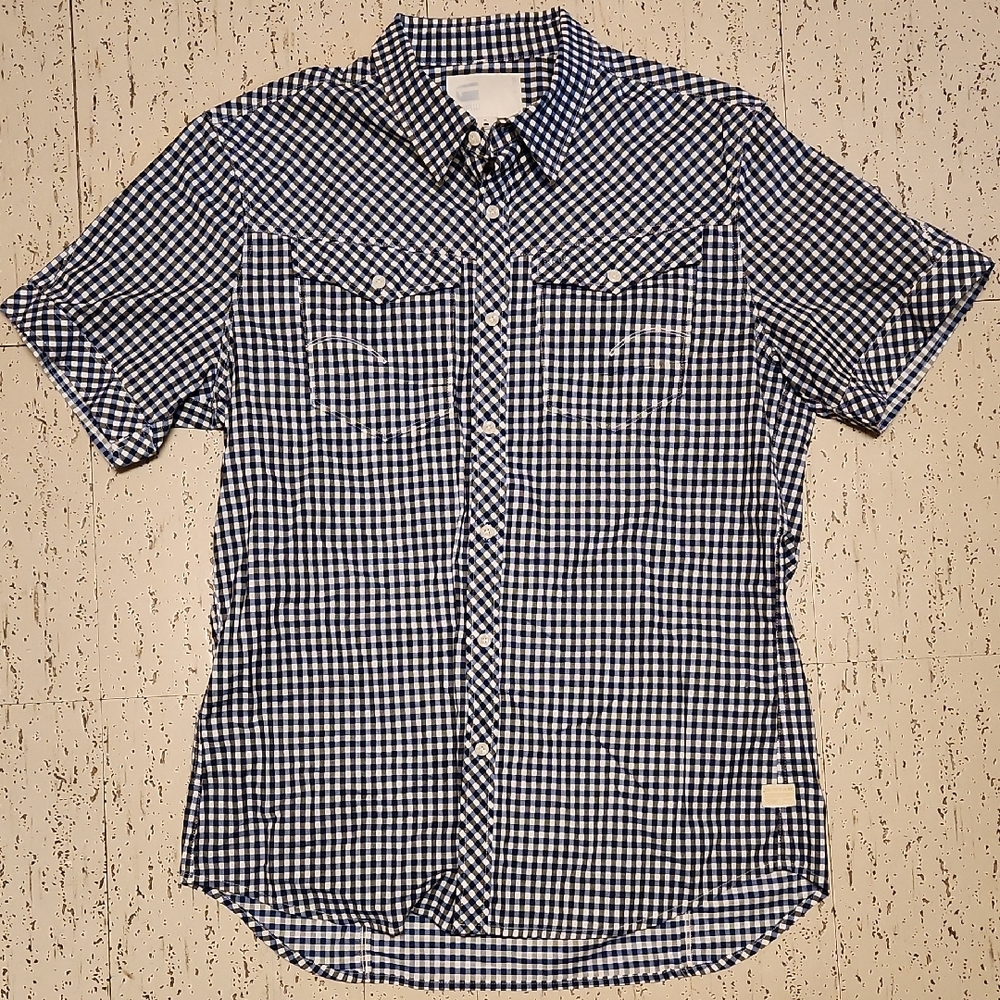G-Star Raw Checkered Short Sleeve Casual Button Down Shirt Blue, Gray & White